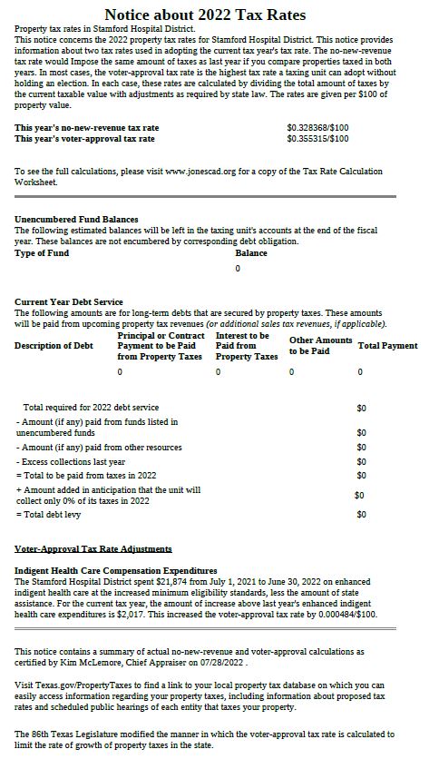 Picture of a Notice about 2022 Tax Rates. It says:
Notice about 2022 Tax Rates
Property tax rates in Stanford Hospital District.
This notice concerns the 2022 property tax for Stanford Hospital District. This notice provides information about two tax rates used in adopting the current last year's tax rate. The no-new-revenue information